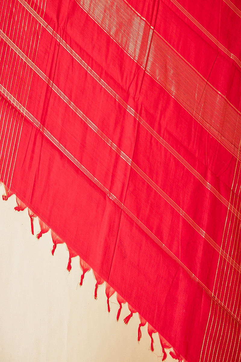 Ruby Red Zari Striped Chettinad Cotton Saree