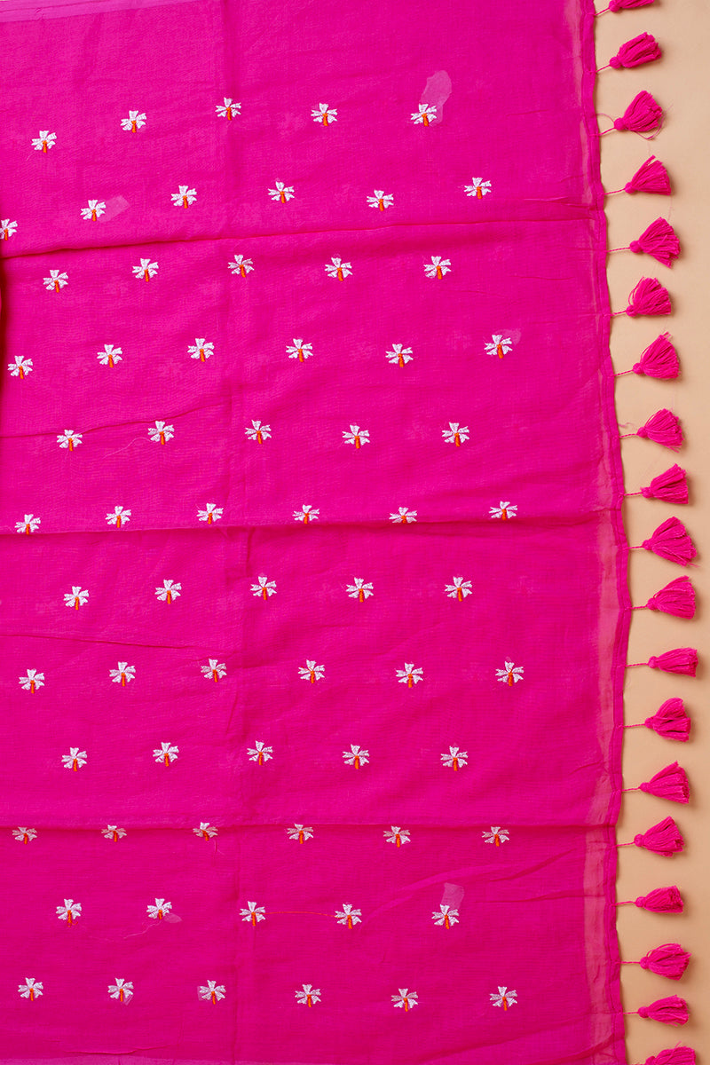 Fuchsia Pink Floral Motif Mul Cotton Saree