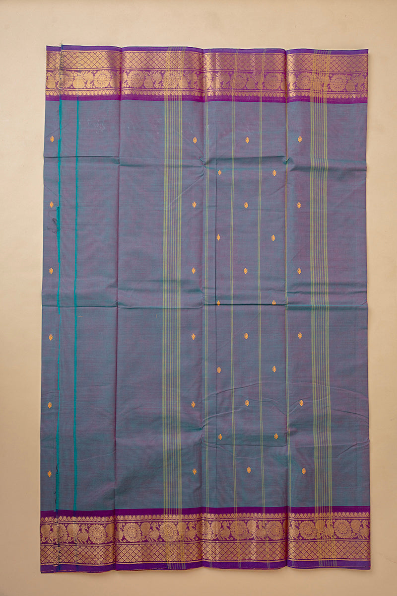 Muted Slate Blue & Purple Zari Kanchi Cotton Saree