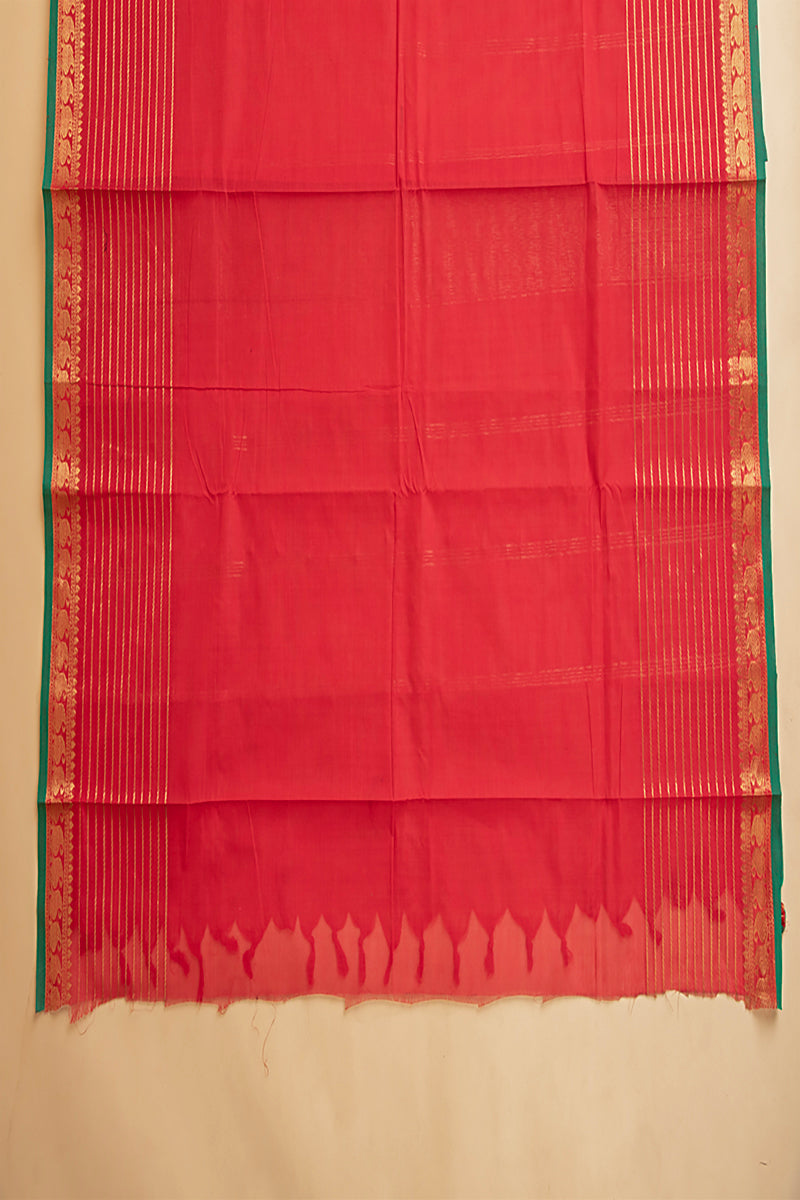 Ruby Red Zari Striped Chettinad Cotton Saree