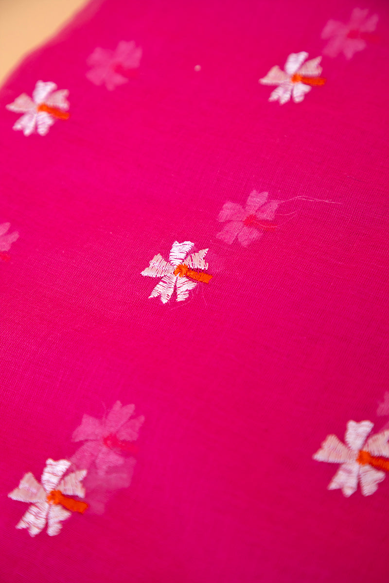 Fuchsia Pink Floral Motif Mul Cotton Saree