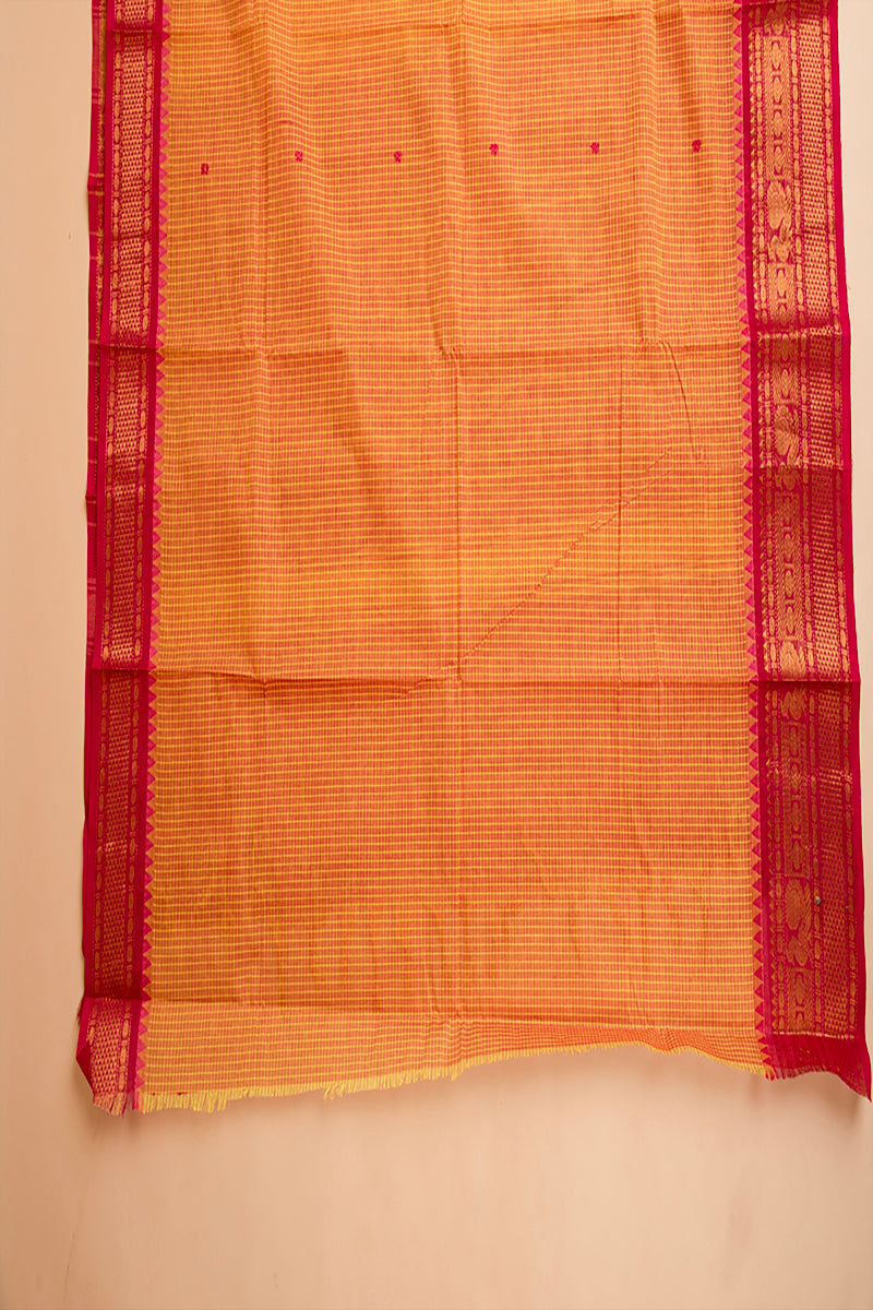 Mustard Yellow & Pink Zari Checked Chettinad Cotton Saree