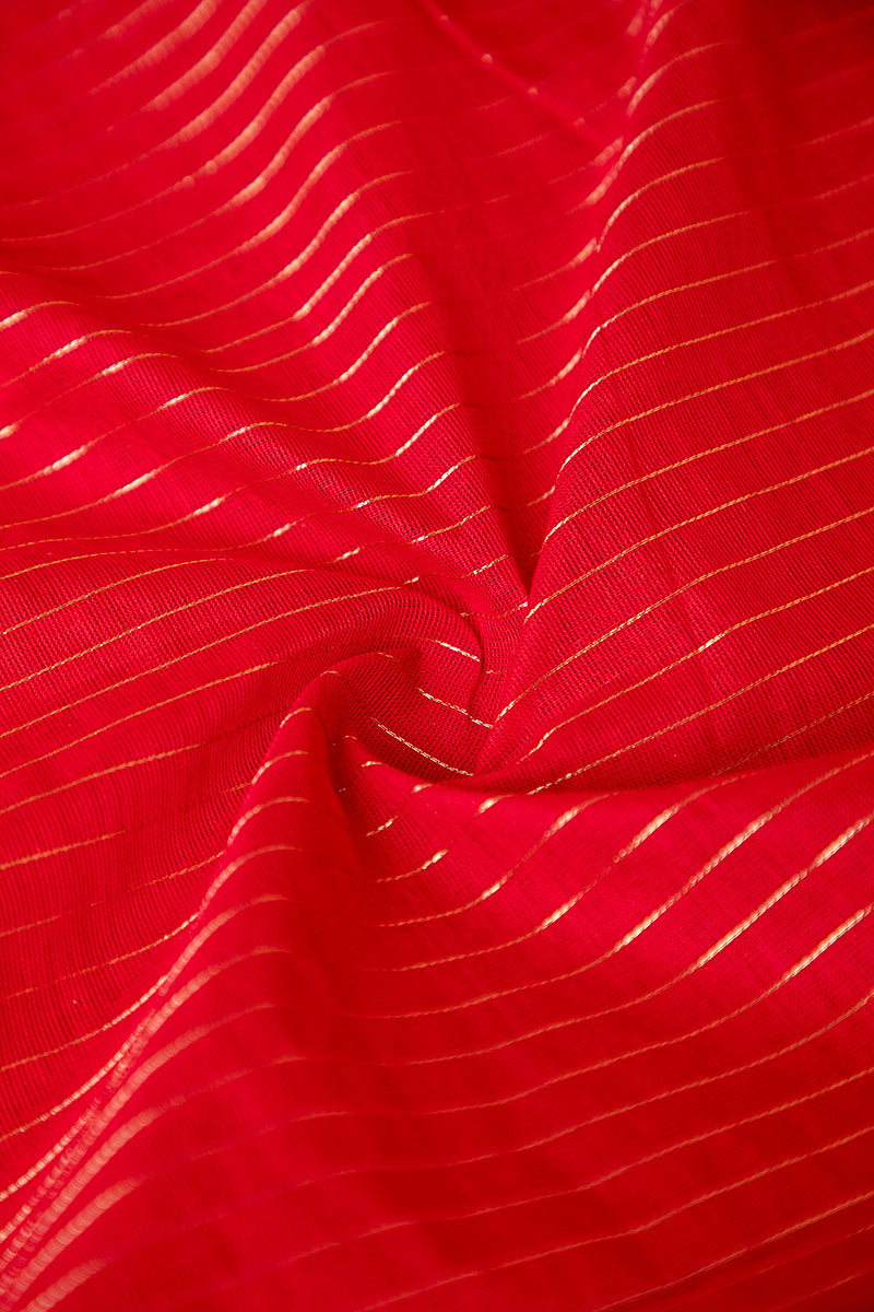 Ruby Red Zari Striped Chettinad Cotton Saree