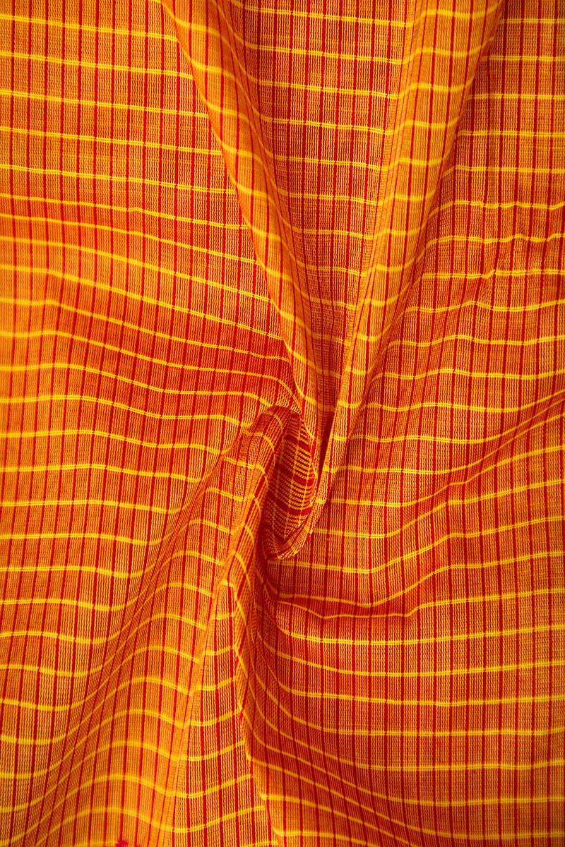 Mustard Yellow & Pink Zari Checked Chettinad Cotton Saree