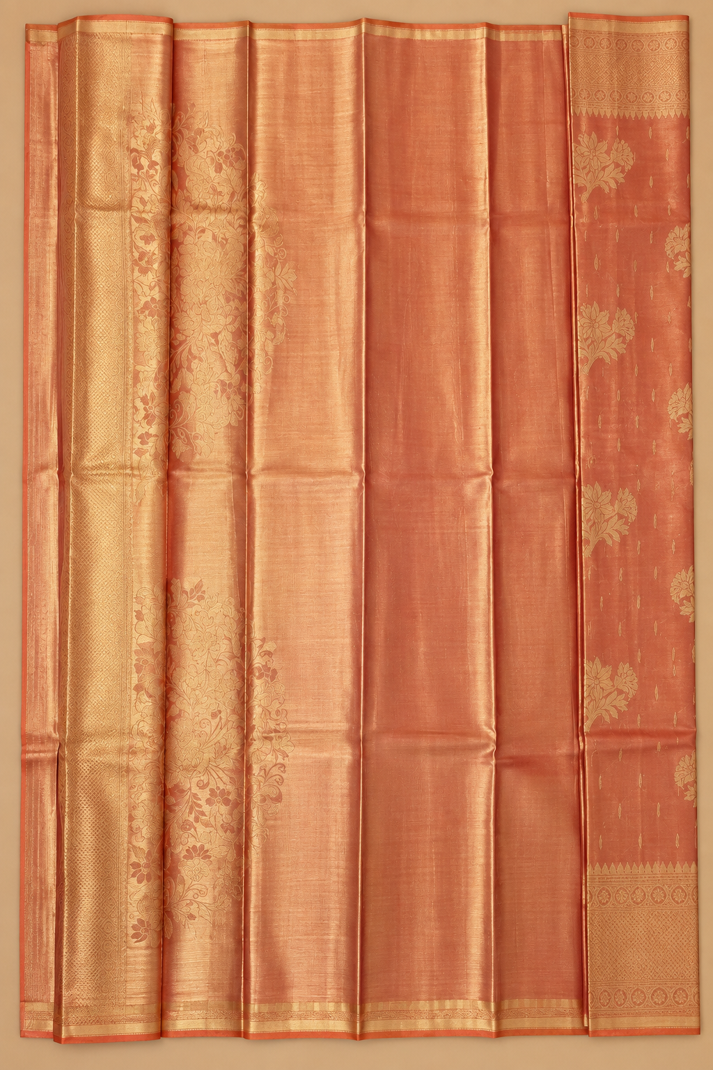 Orange & Antique Gold Zari Tissue Silk Saree