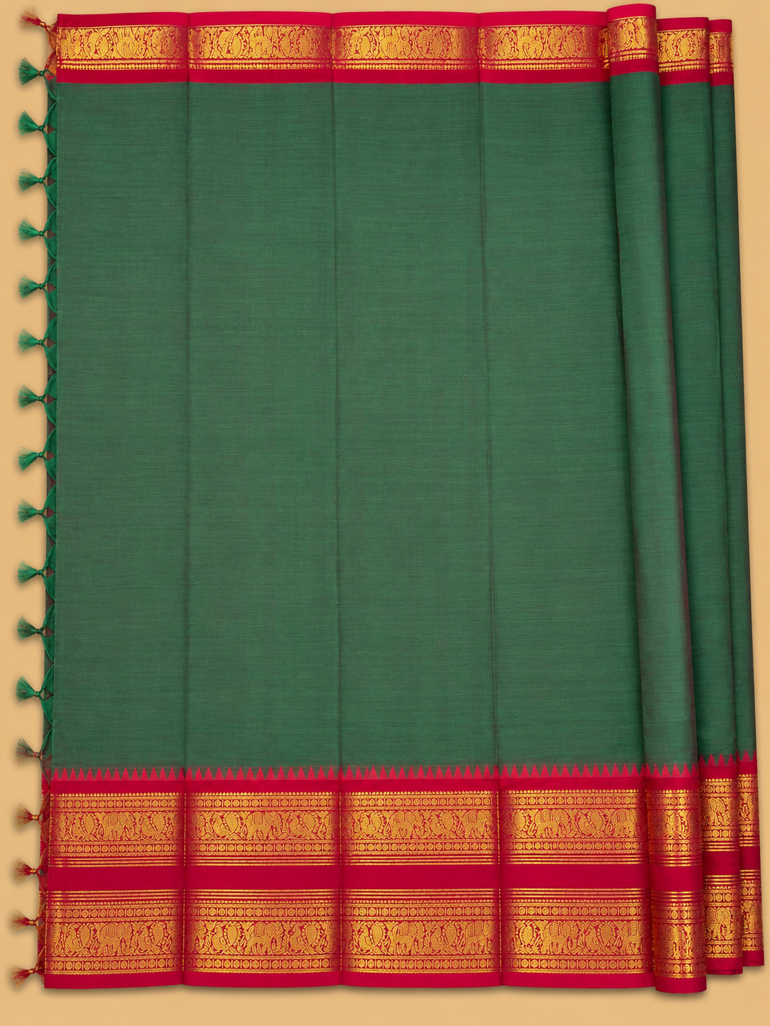 Bottle Green & Ruby Red Zari Border Kanchi Cotton Saree