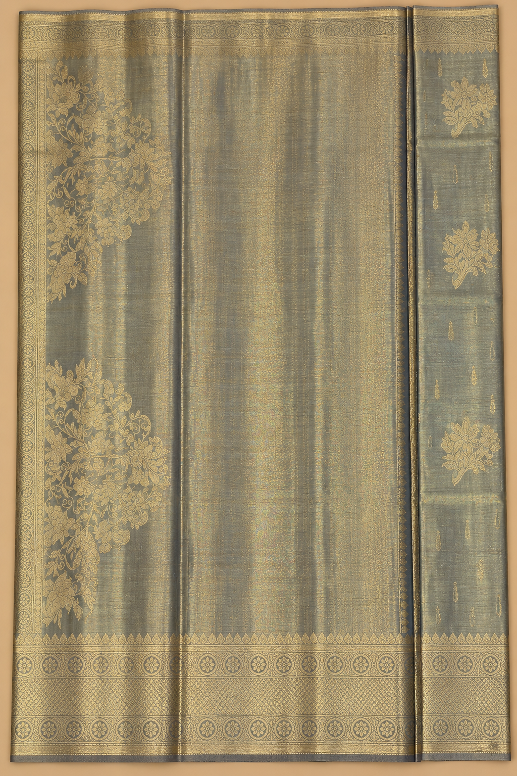 Sage Green & Antique Gold Zari Tissue Silk Saree