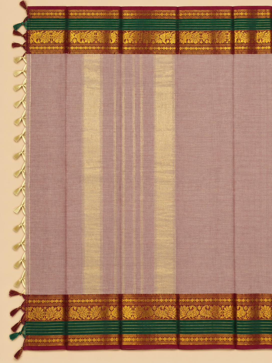 Dusty Mauve & Green Zari Border Kanchi Cotton Saree