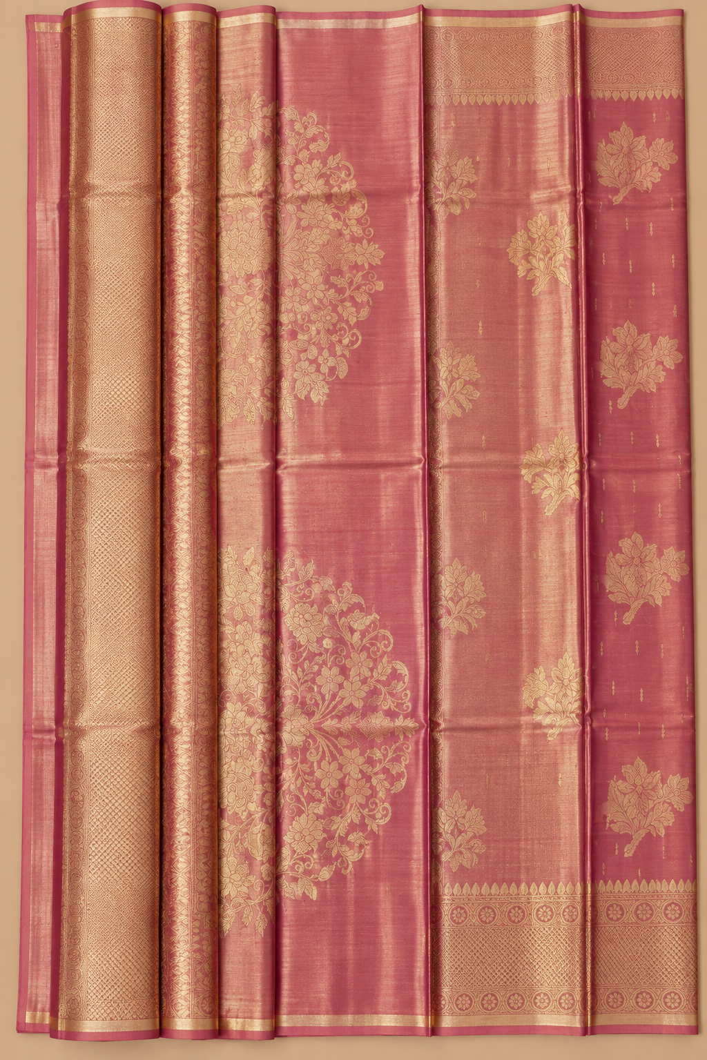 Dusty Rose Pink & Antique Gold Zari Tissue Silk Saree