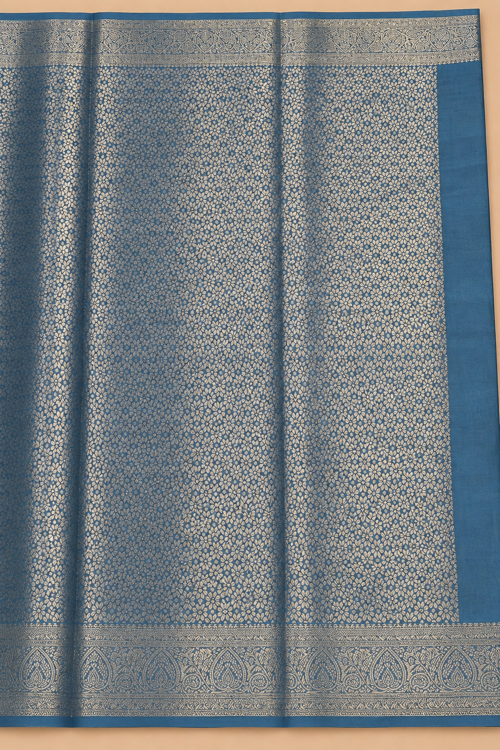 Steel Blue Floral Banarasi Blend Border Saree