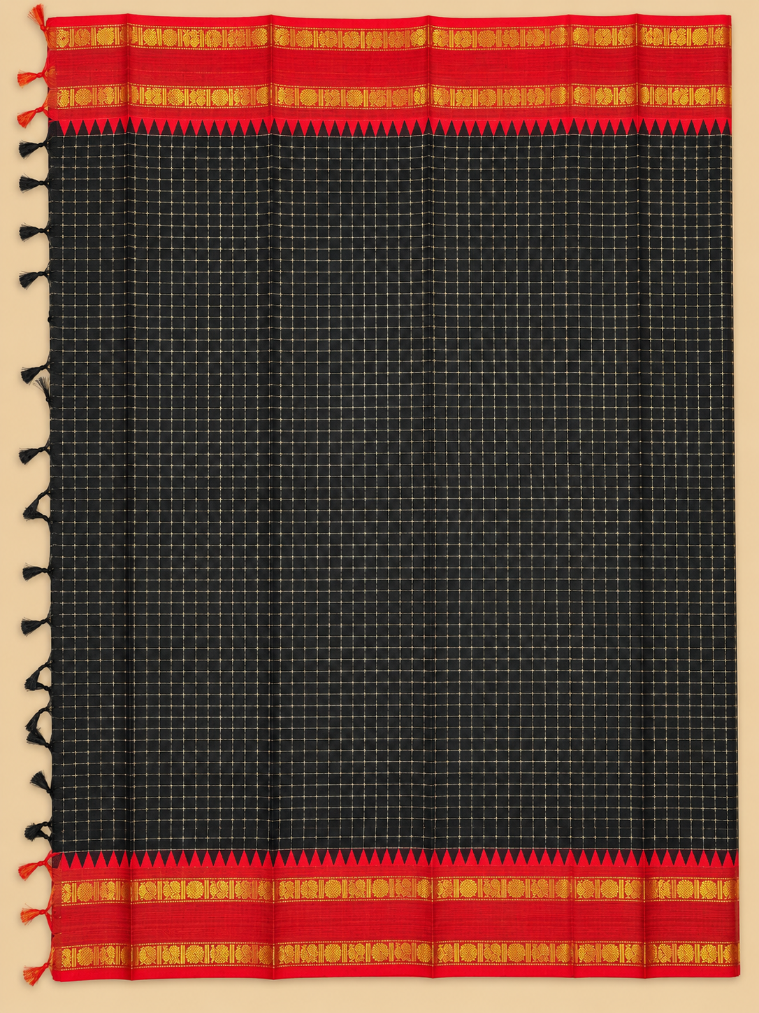 Black & Red Gold Checked Chettinad Cotton Saree