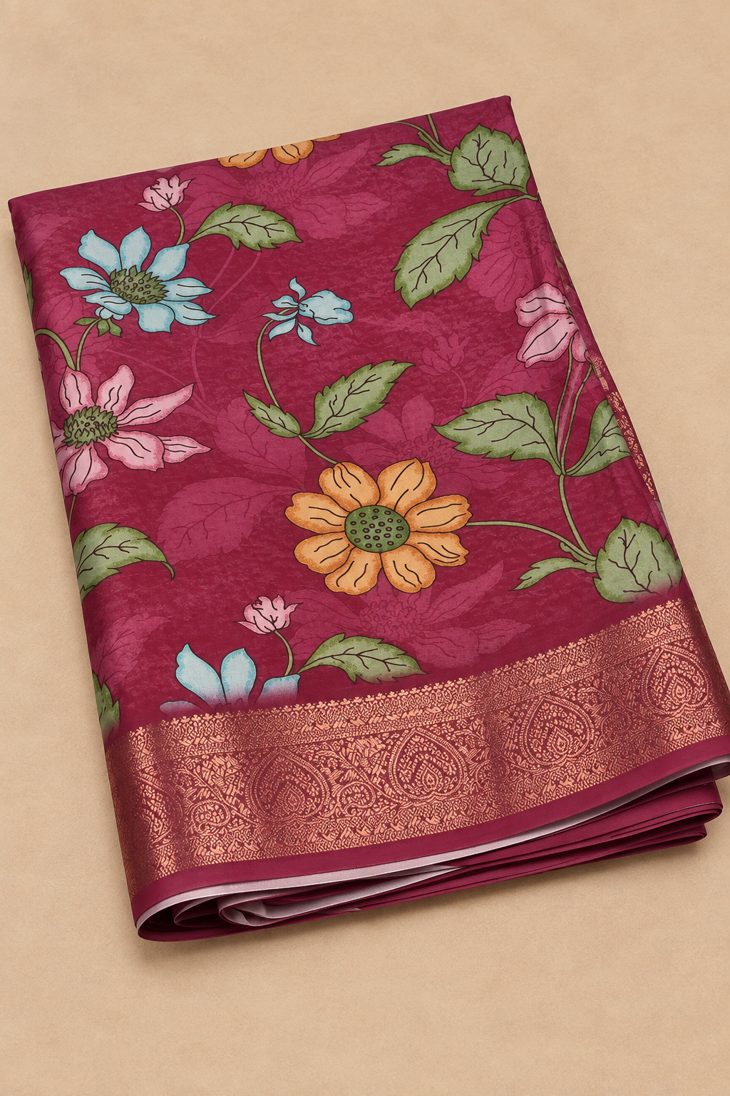 Wine Floral Banarasi Blend Border Saree