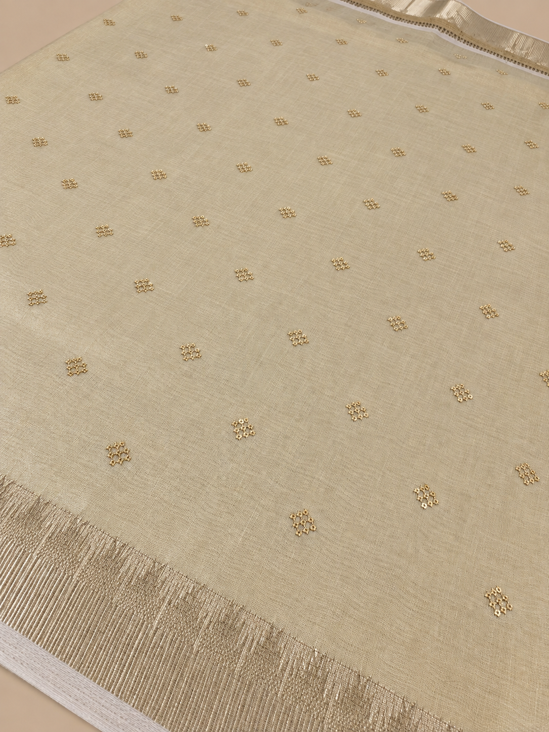 Champagne Ivory Tissue Cotton Saree with Gold Zari & Delicate Buttas