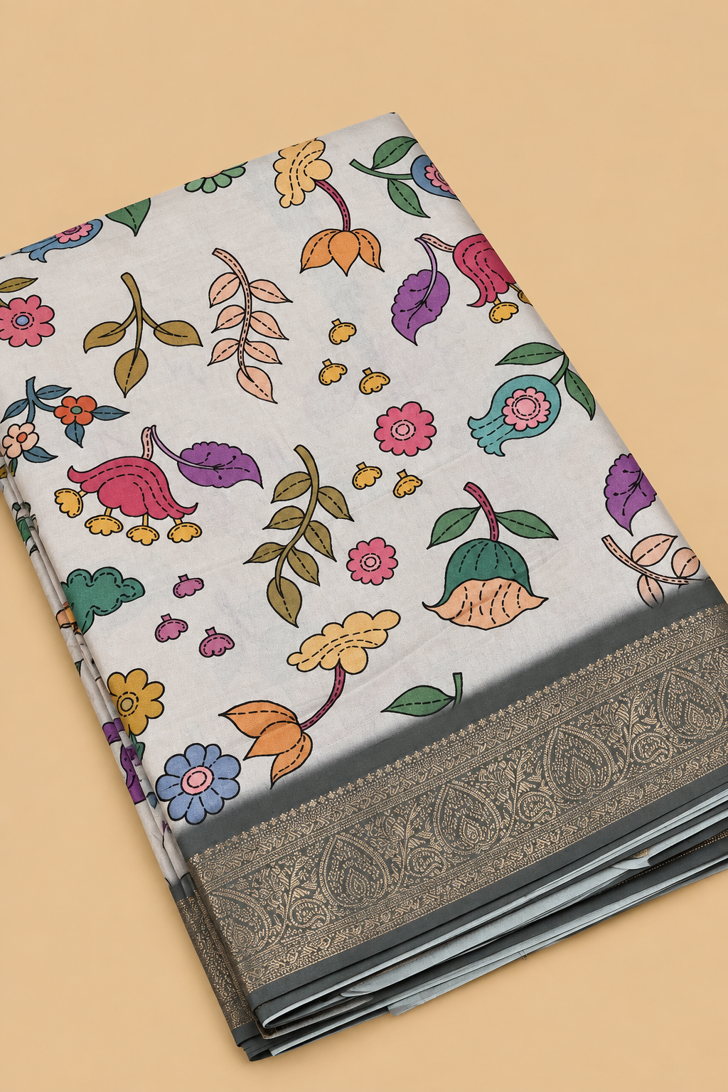 Charcoal Grey Floral Banarasi Blend Border Saree