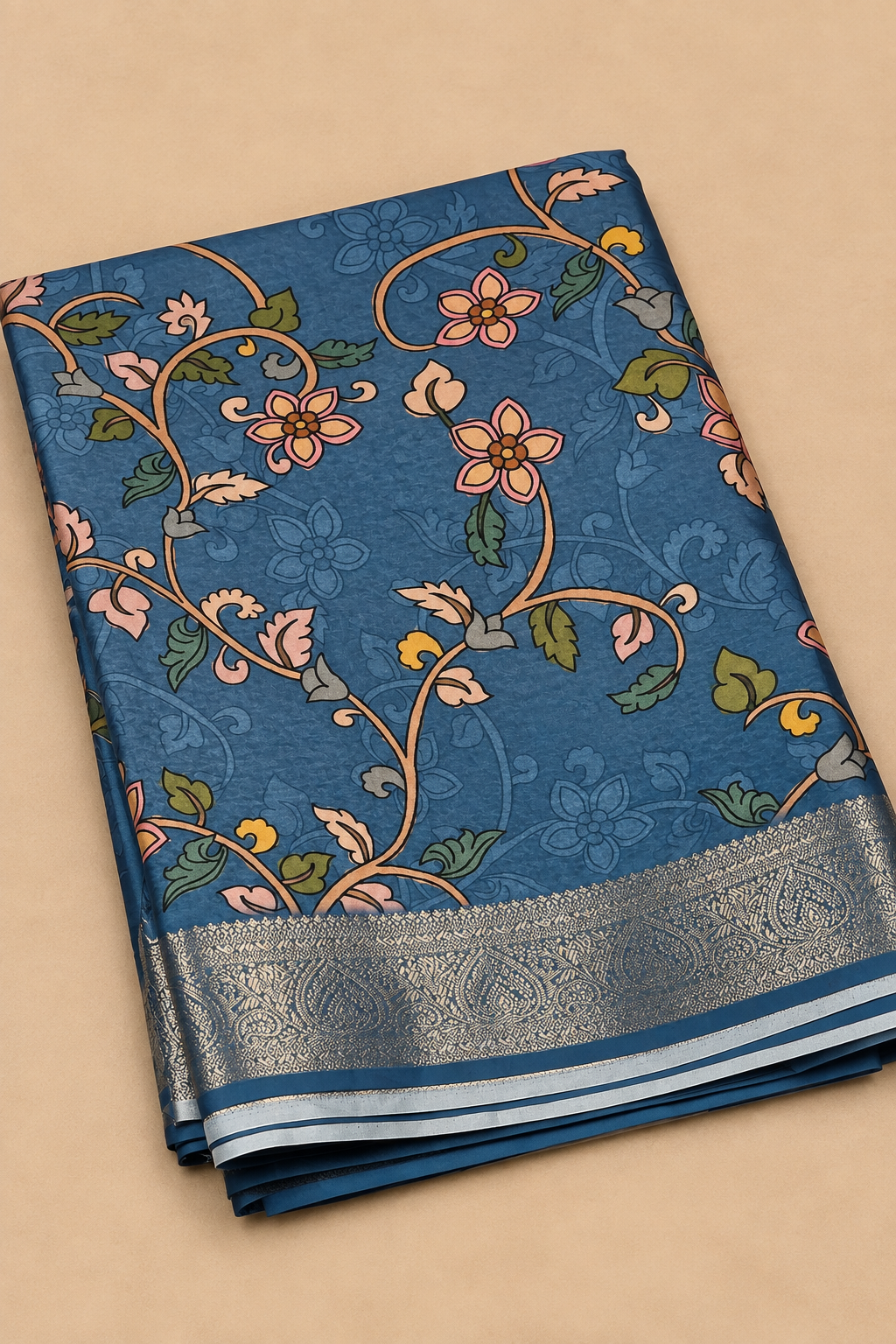 Steel Blue Floral Banarasi Blend Border Saree