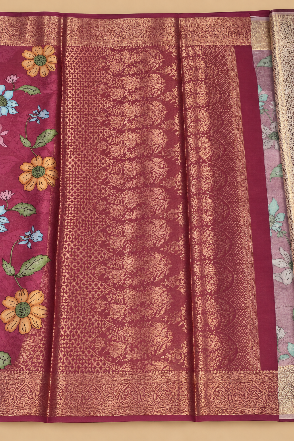 Wine Floral Banarasi Blend Border Saree