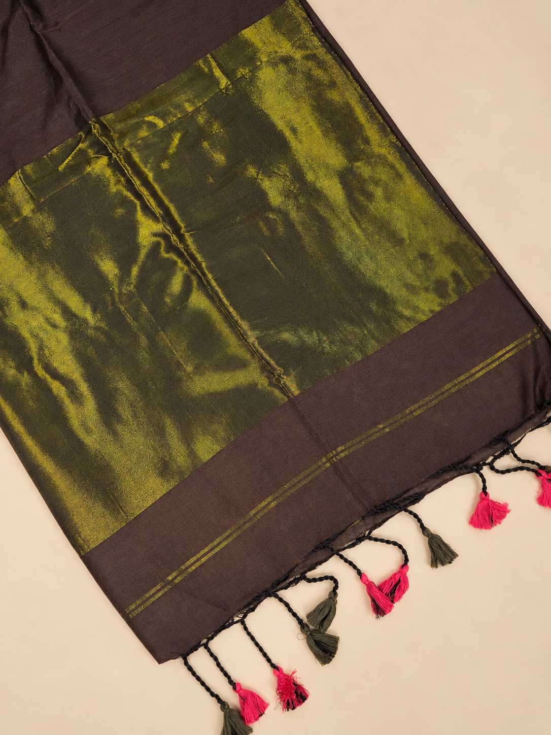 Chocolate Brown & Olive Green Khadi Cotton Saree