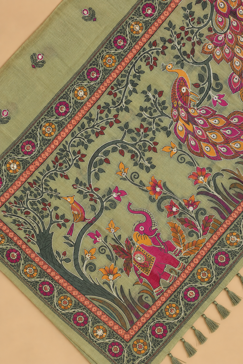Sage Green & Multicolour Chanderi Cotton Saree