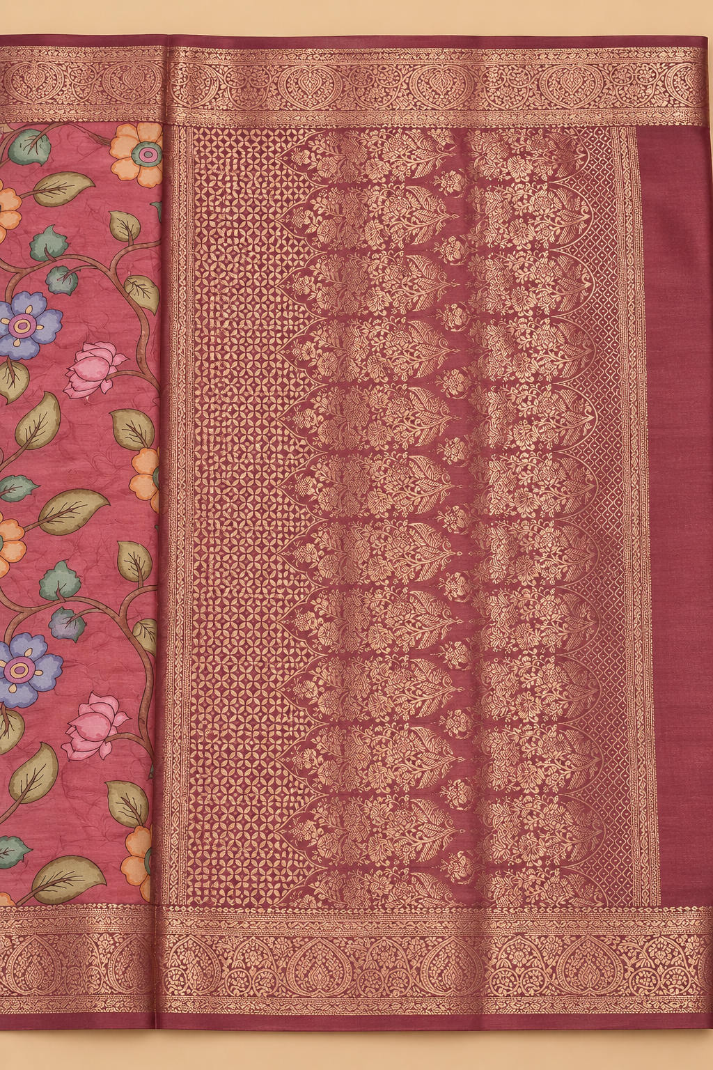 Rose Pink Floral Banarasi Blend Border Saree