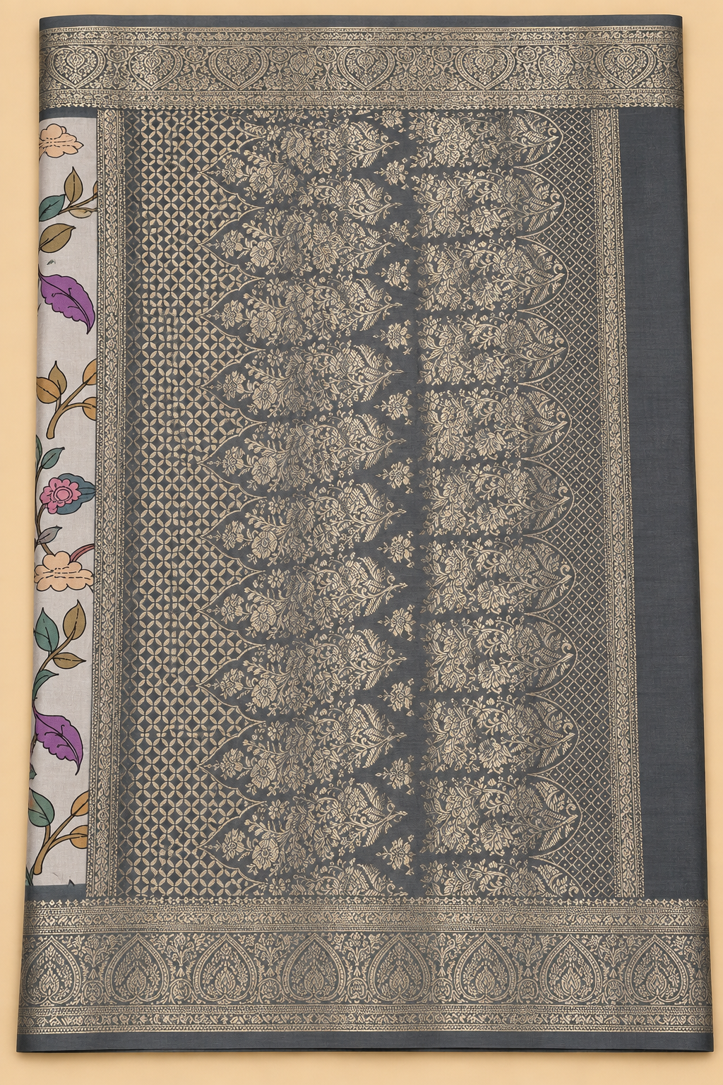 Charcoal Grey Floral Banarasi Blend Border Saree