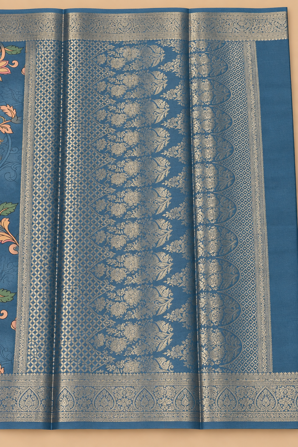 Steel Blue Floral Banarasi Blend Border Saree