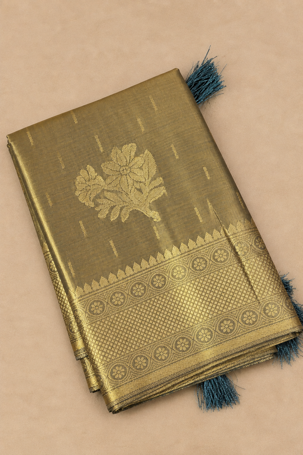 Sage Green & Antique Gold Zari Tissue Silk Saree