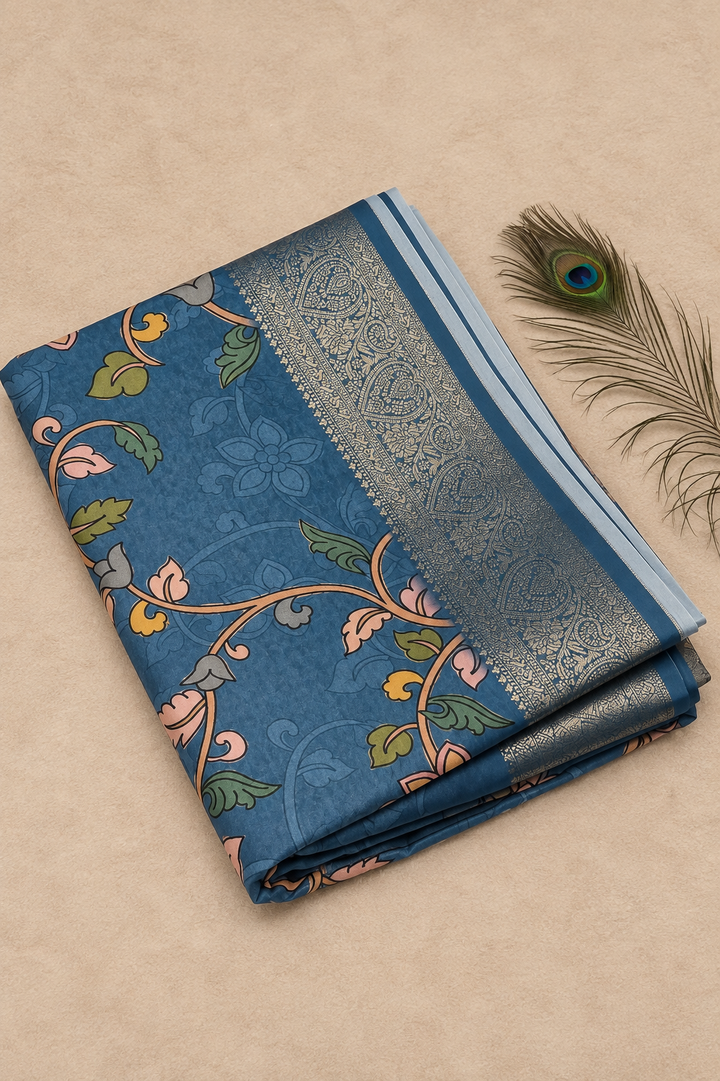 Steel Blue Floral Banarasi Blend Border Saree