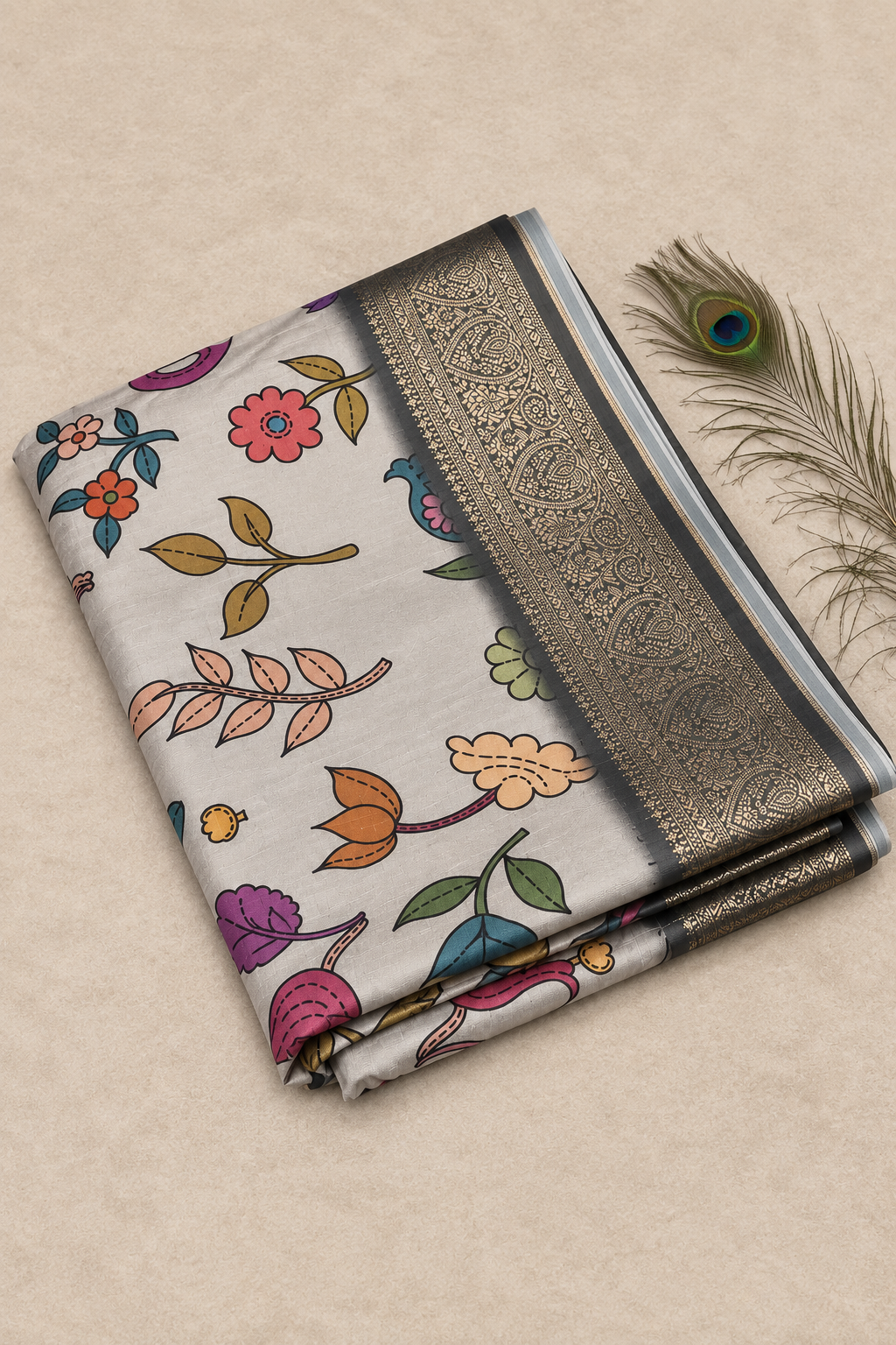 Charcoal Grey Floral Banarasi Blend Border Saree