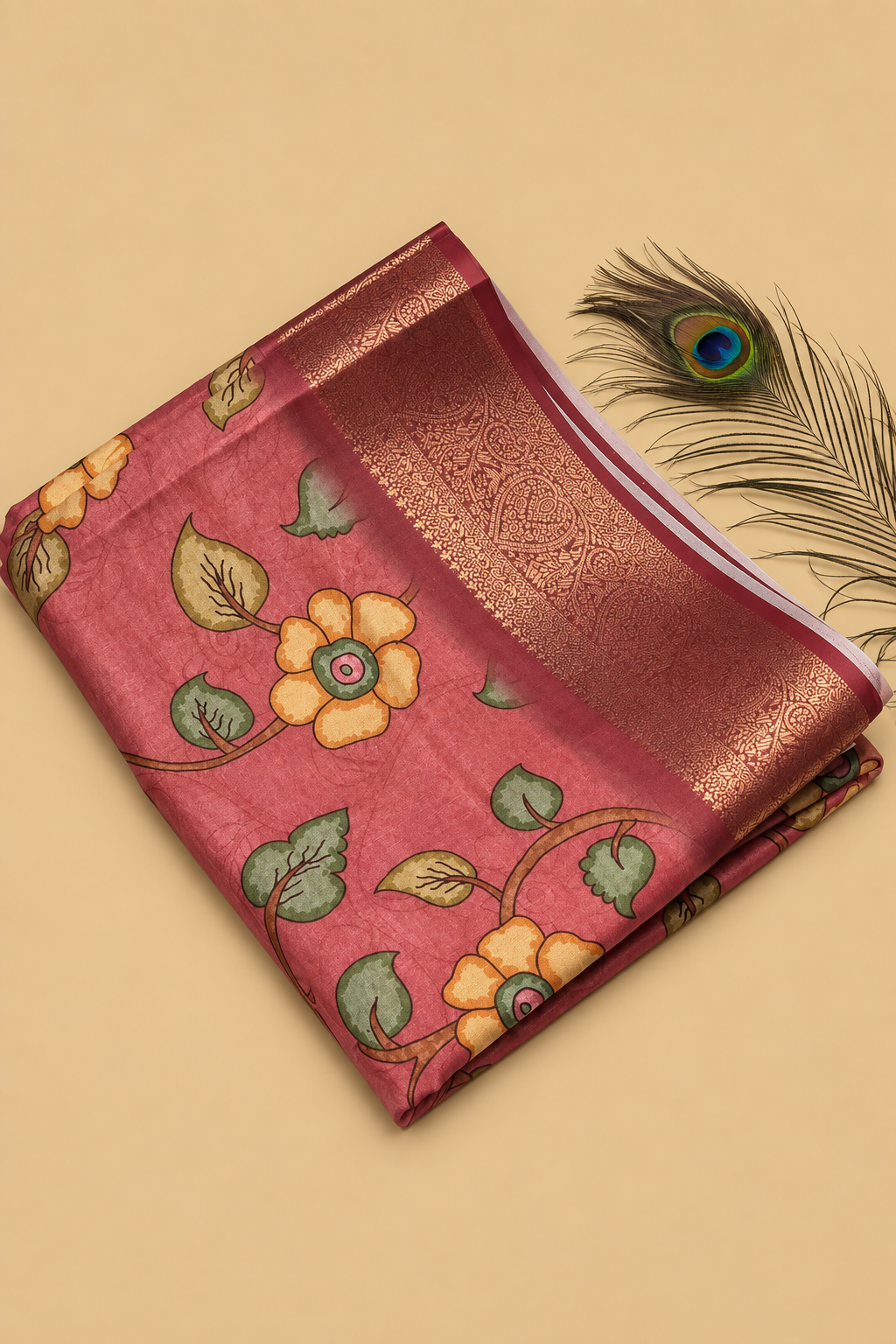 Rose Pink Floral Banarasi Blend Border Saree