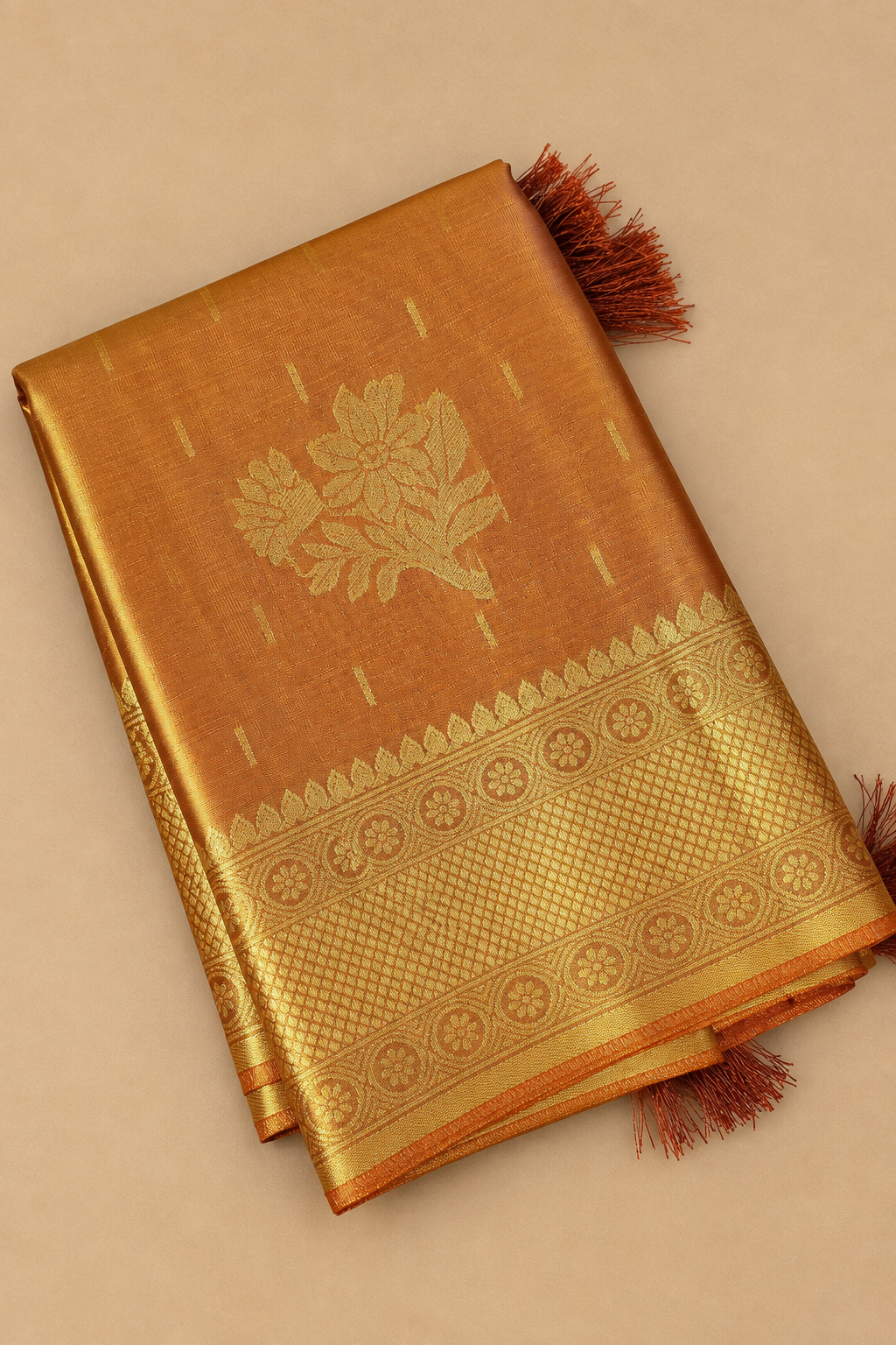 Orange & Antique Gold Zari Tissue Silk Saree