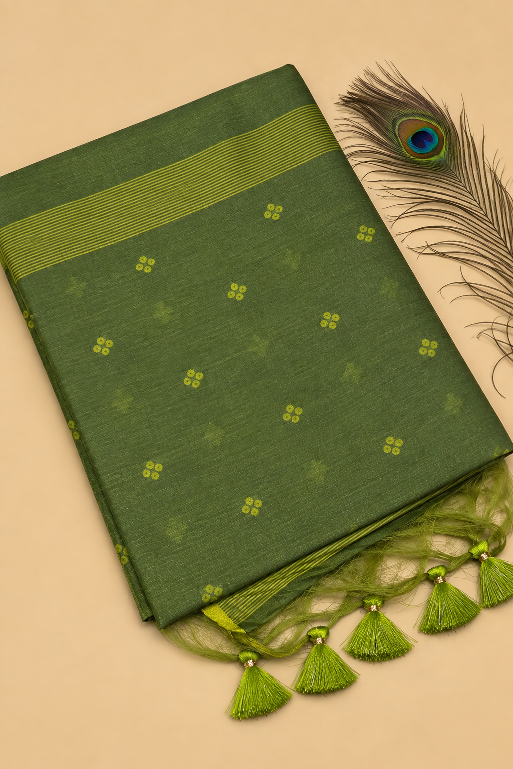 Olive Green & Lime Green Zari Peacock Banarasi Silk Saree