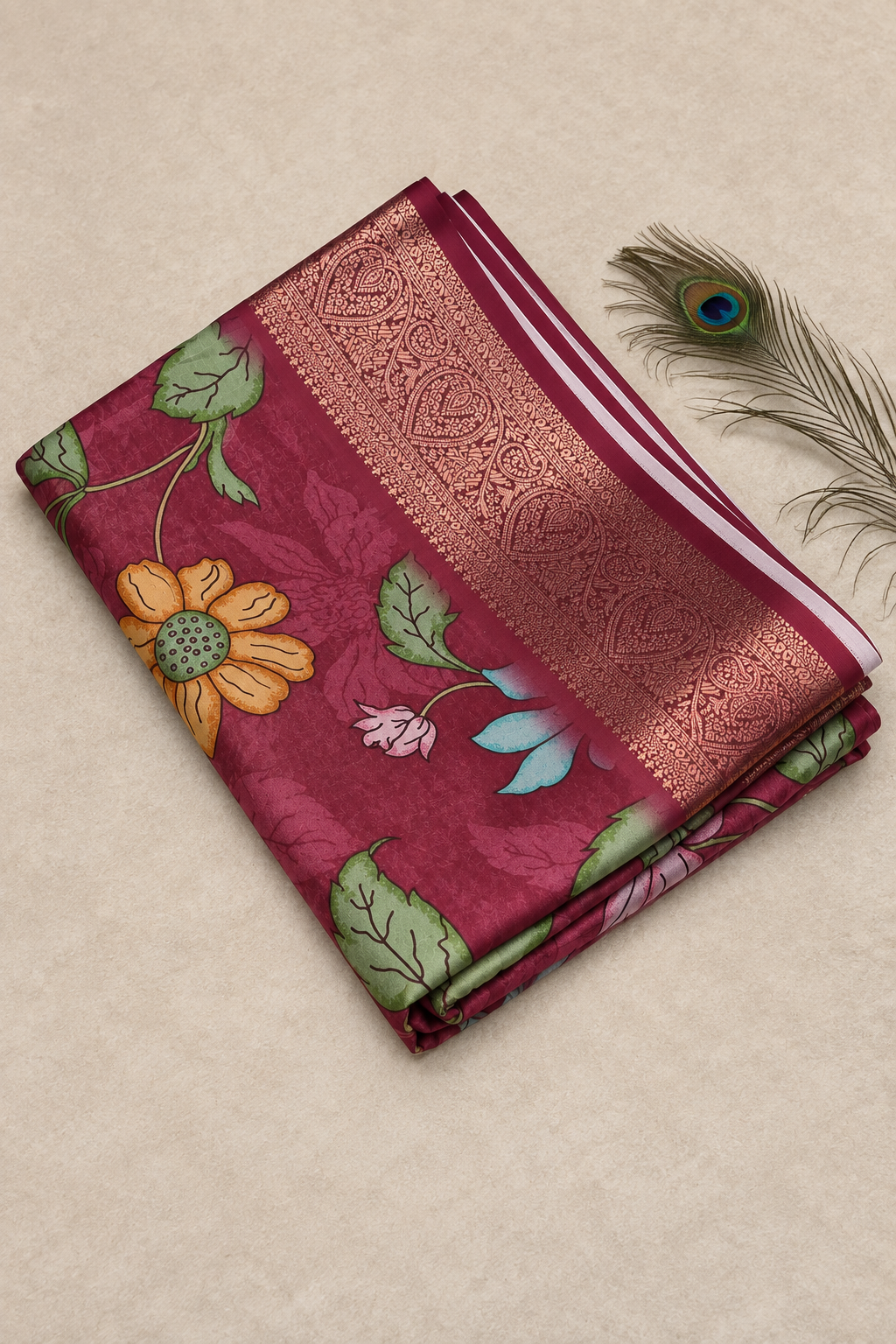 Wine Floral Banarasi Blend Border Saree