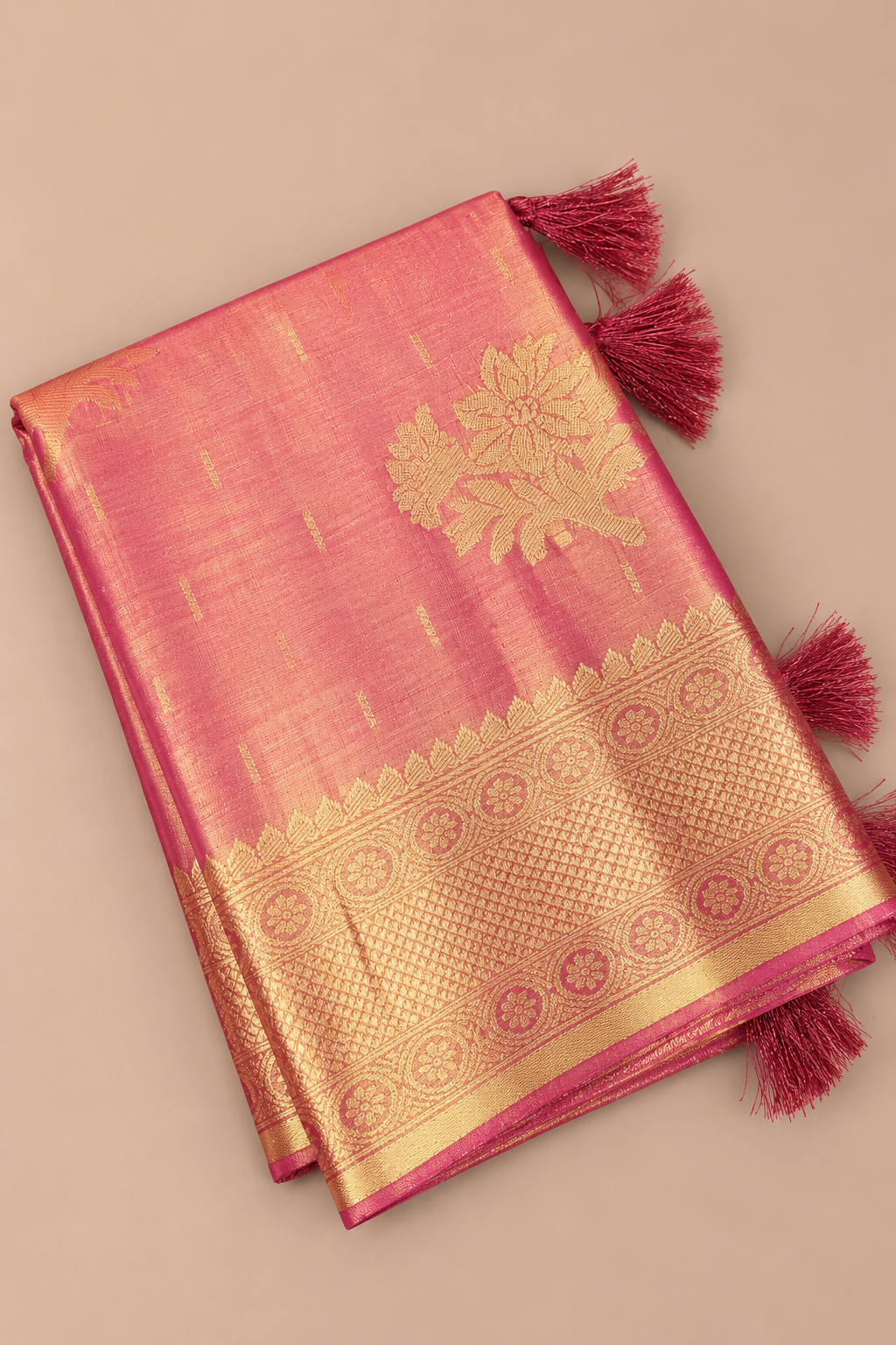 Dusty Rose Pink & Antique Gold Zari Tissue Silk Saree