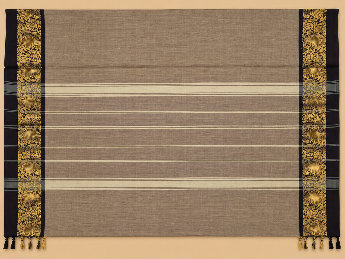 Taupe Grey & Navy Gold Zari Kanchi Cotton Saree