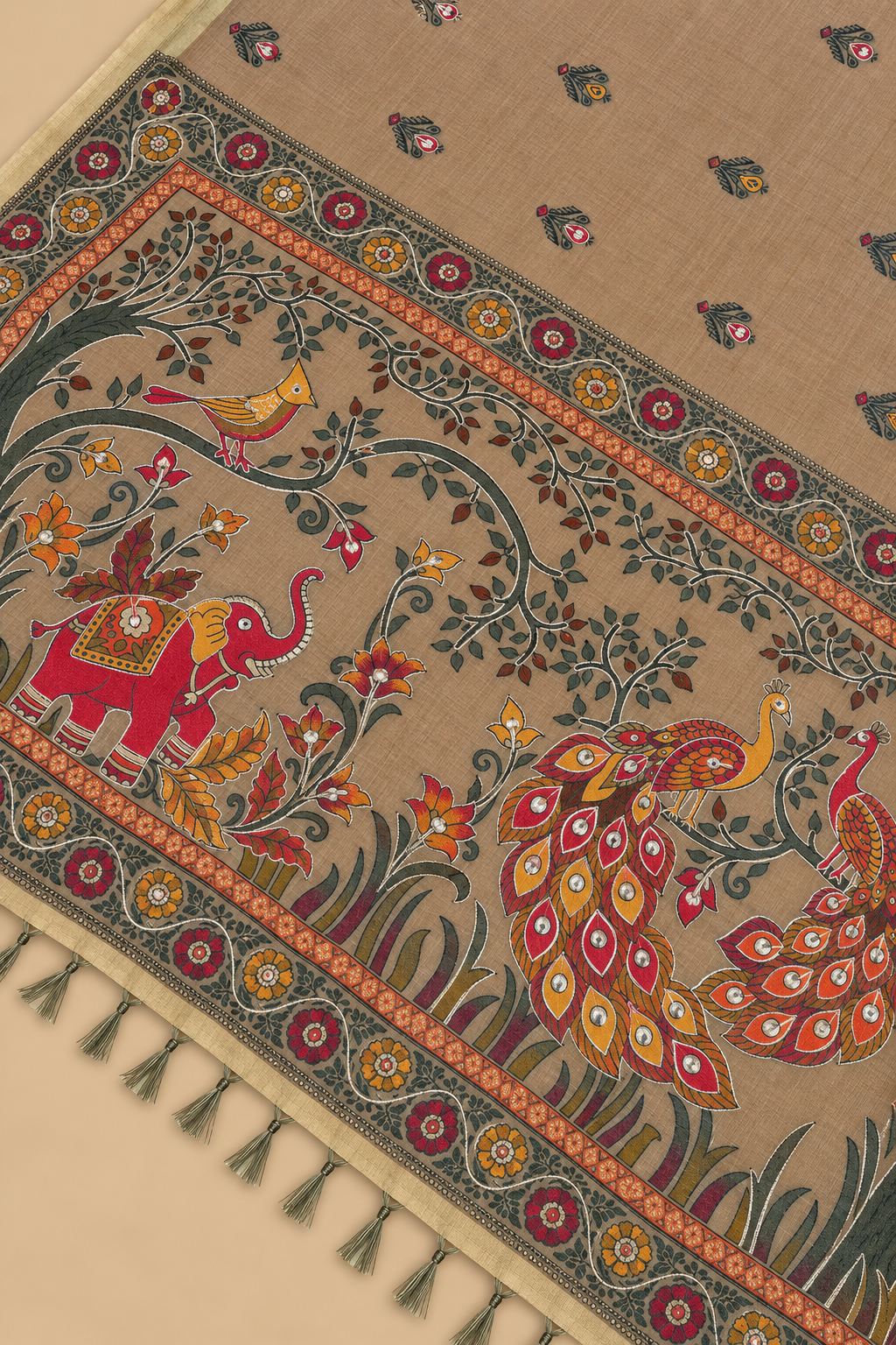 Earthy Beige & Multicolour Chanderi Cotton Saree