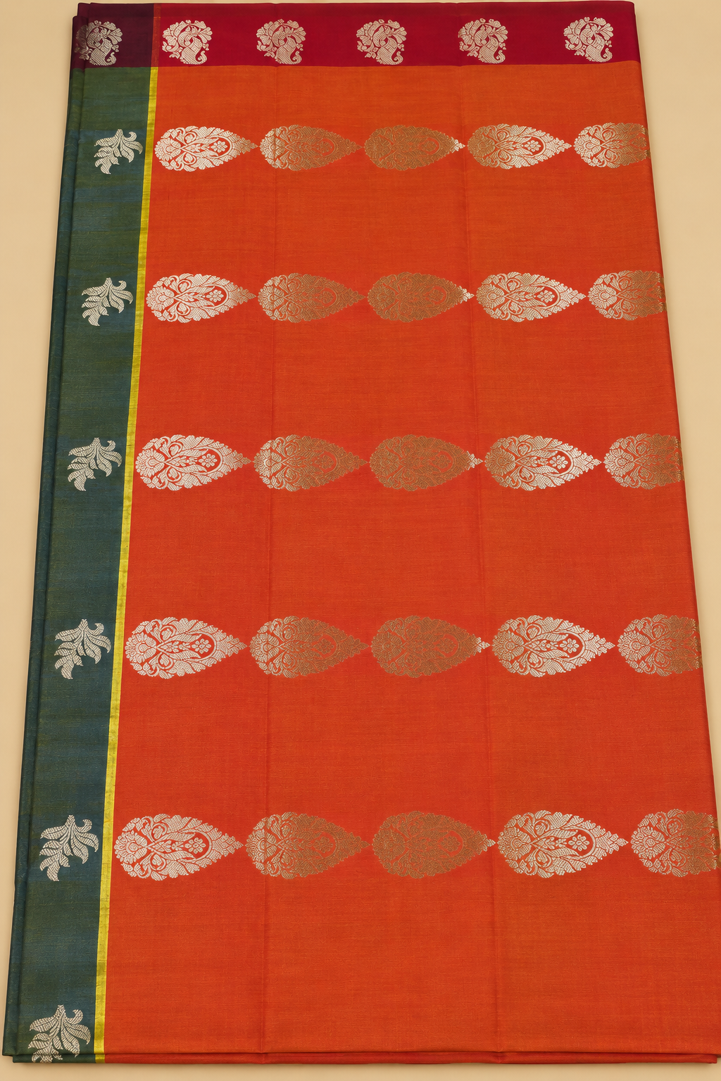 Teal Green & Maroon Zari Banarasi Silk Saree