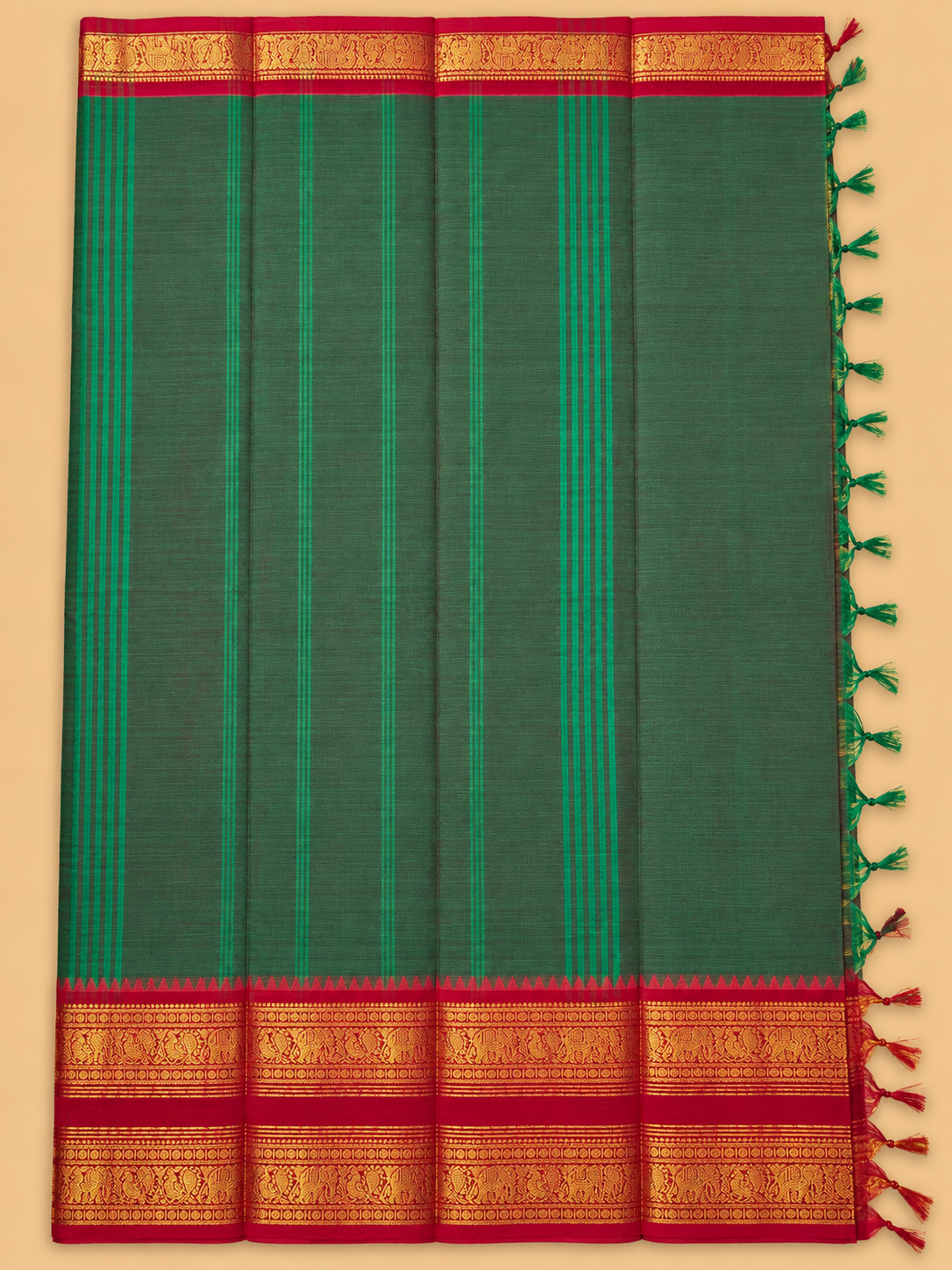 Bottle Green & Ruby Red Zari Border Kanchi Cotton Saree