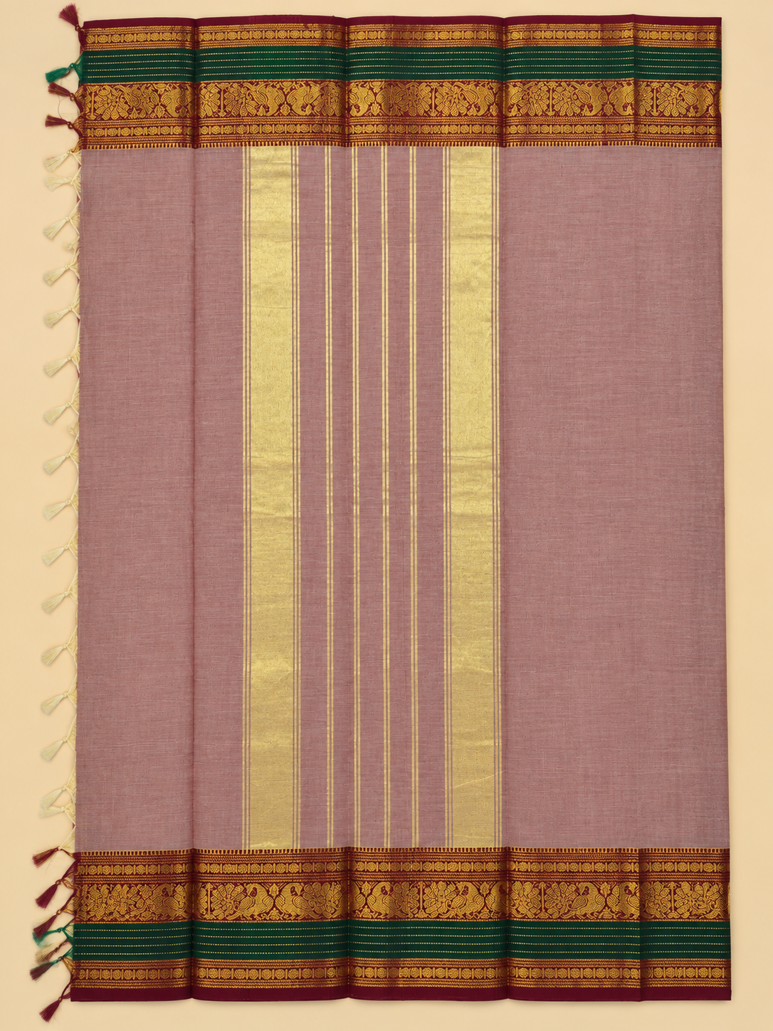 Dusty Mauve & Green Zari Border Kanchi Cotton Saree