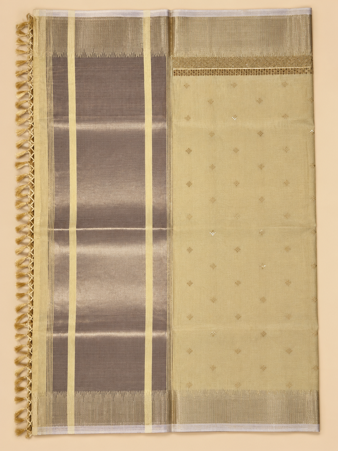 Champagne Ivory Tissue Cotton Saree with Gold Zari & Delicate Buttas