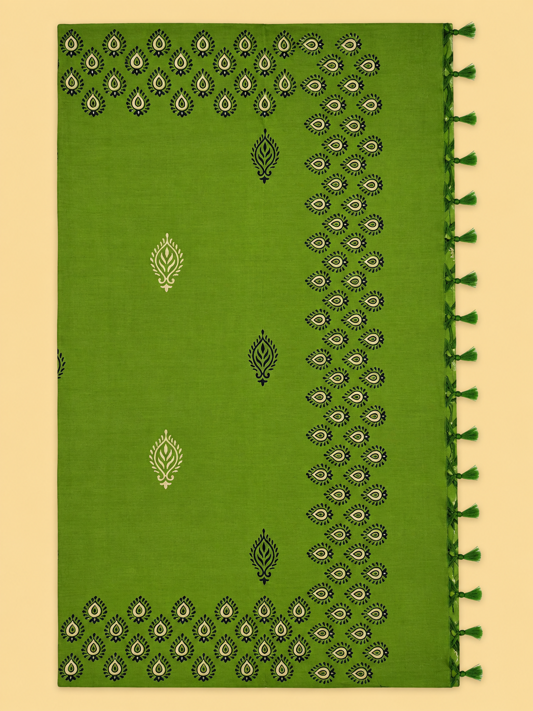 Parrot Green South Cotton Saree with Paisley Motifs & Printed Blouse