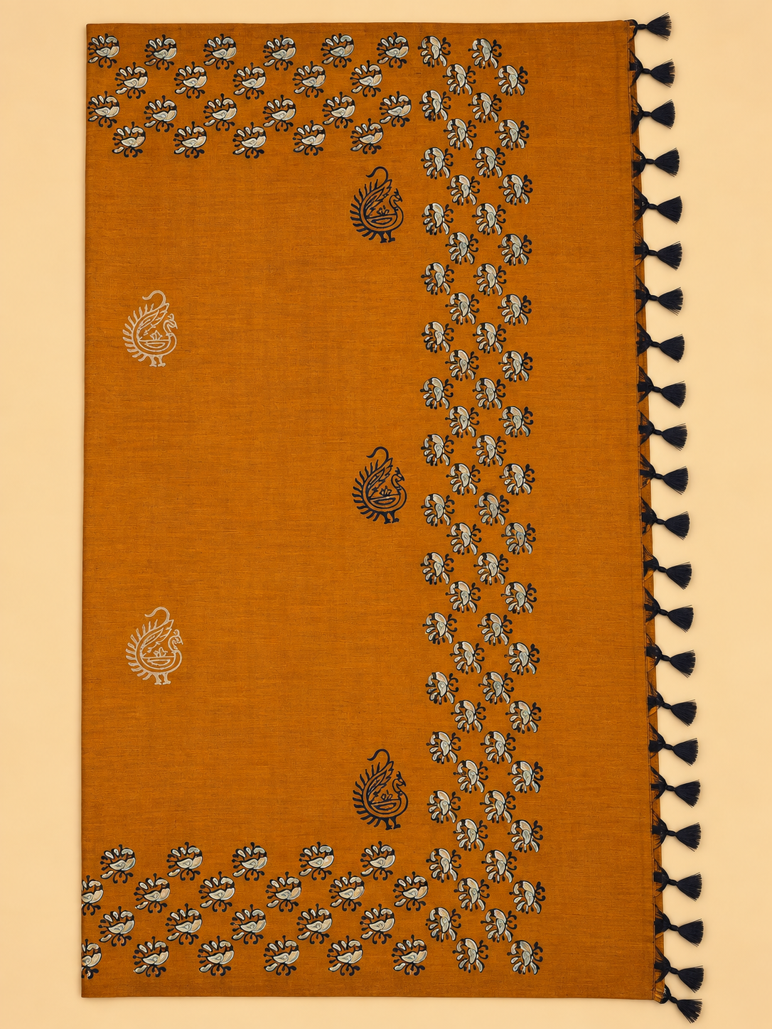 Mustard Orange South Cotton Saree with Paisley Motifs & Printed Blouse