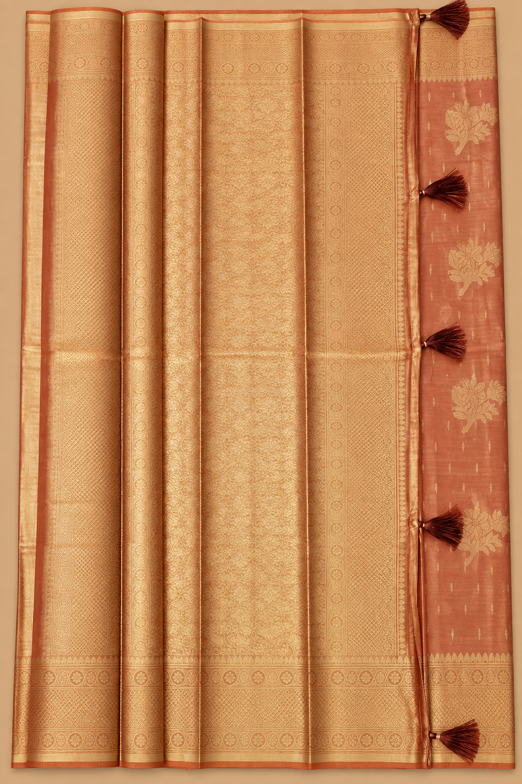 Orange & Antique Gold Zari Tissue Silk Saree