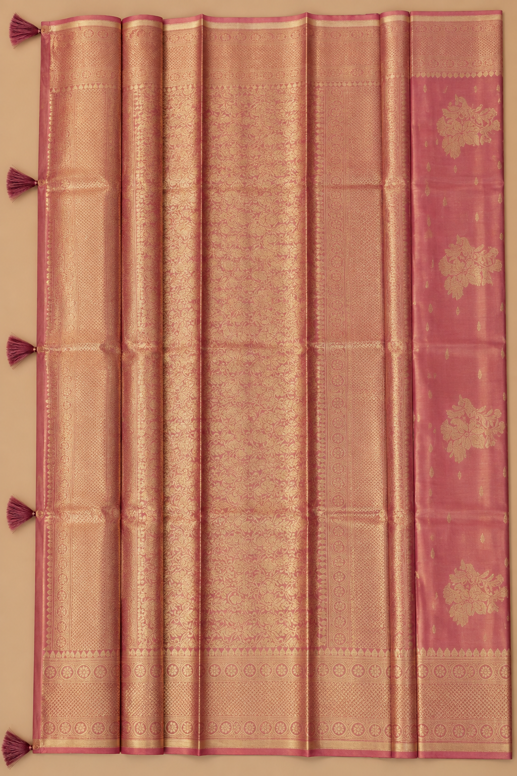 Dusty Rose Pink & Antique Gold Zari Tissue Silk Saree