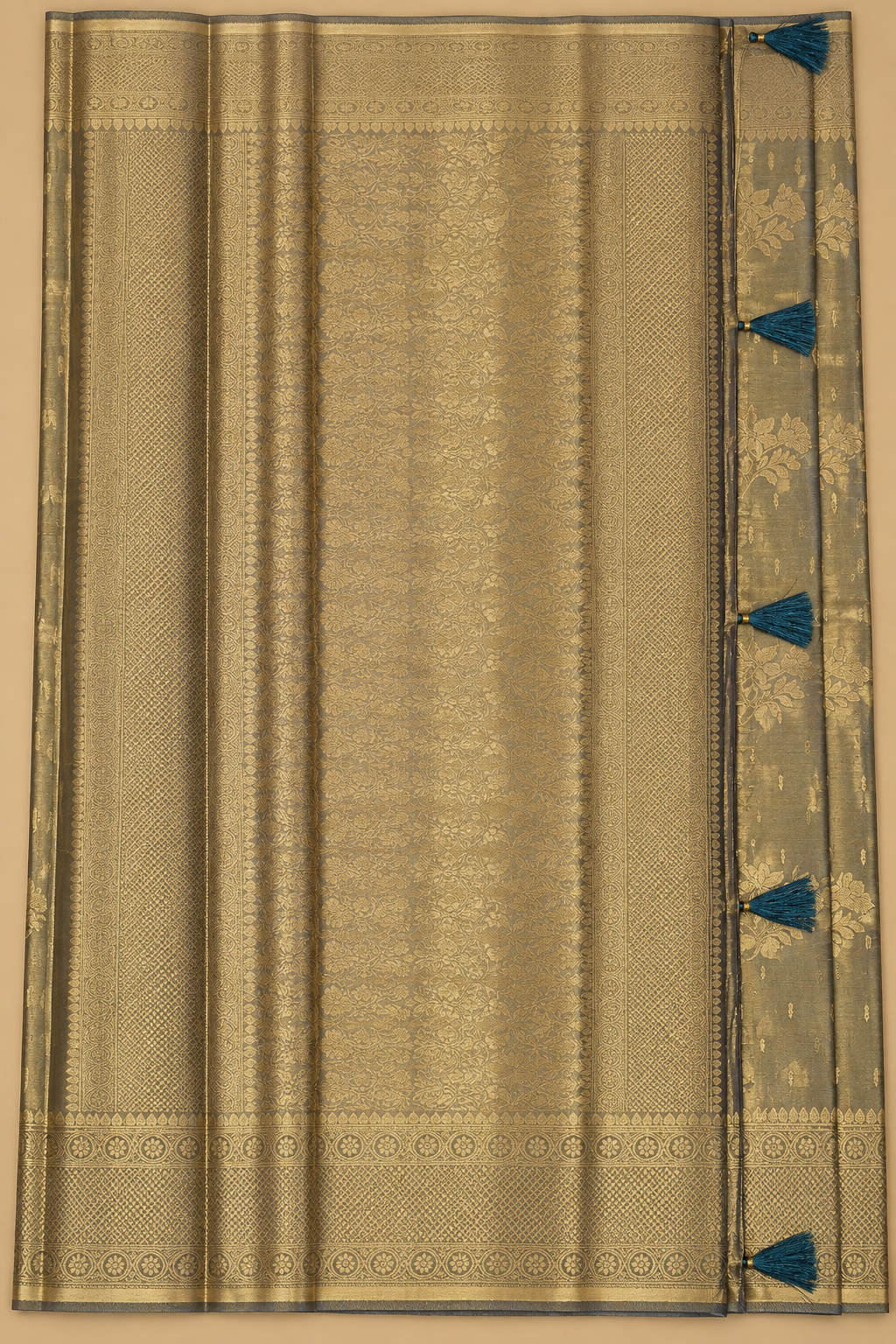 Sage Green & Antique Gold Zari Tissue Silk Saree