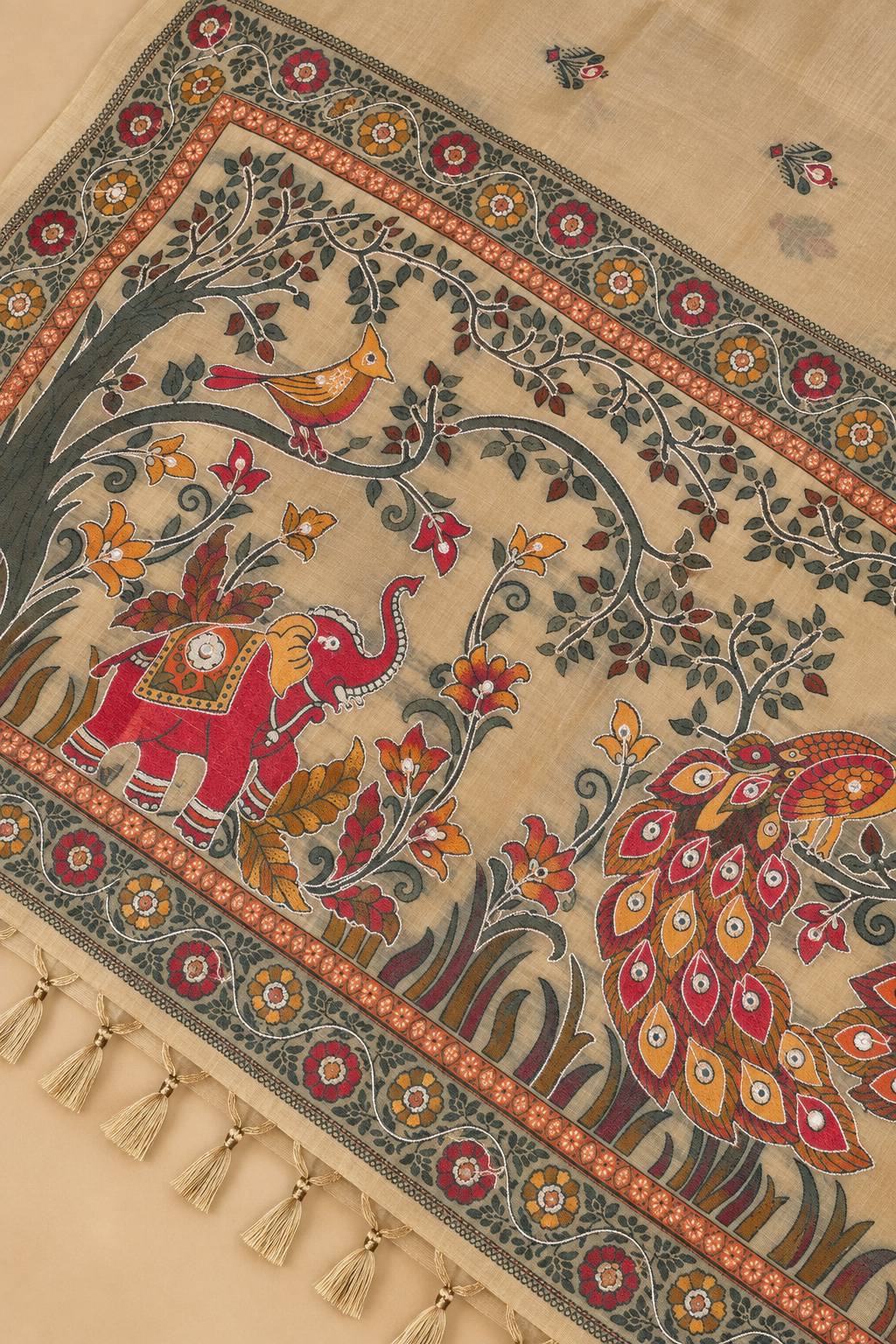 Beige & Multicolour Chanderi Cotton Saree