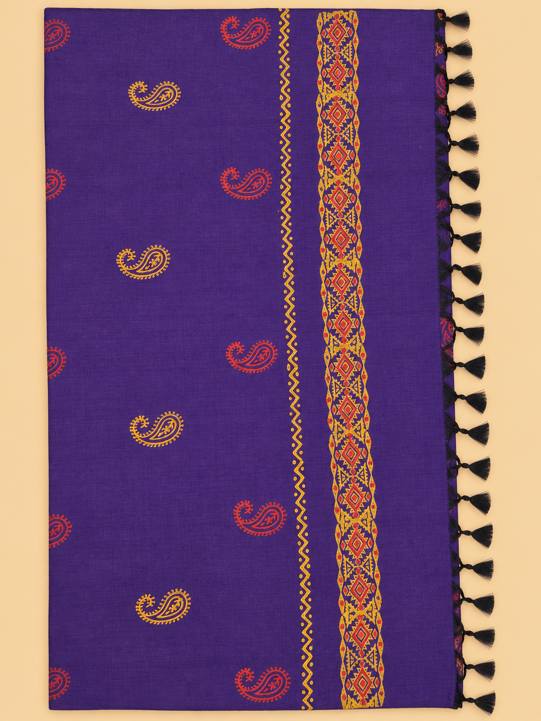 Purple South Cotton Saree with Paisley Motifs, Geometric Border & Printed Blouse