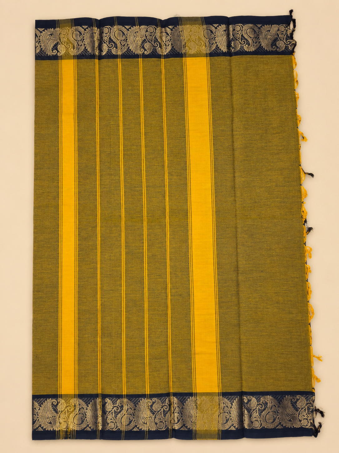 Mustard Yellow & Black Gold Zari Kanchi Cotton Saree