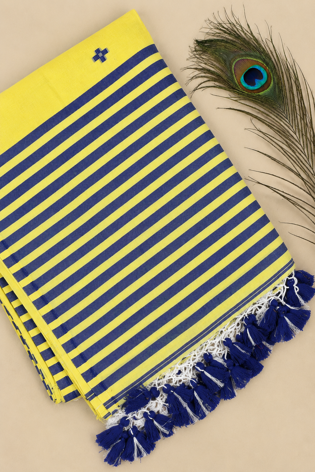 Sunshine Yellow & Navy Blue Striped Cotton Saree