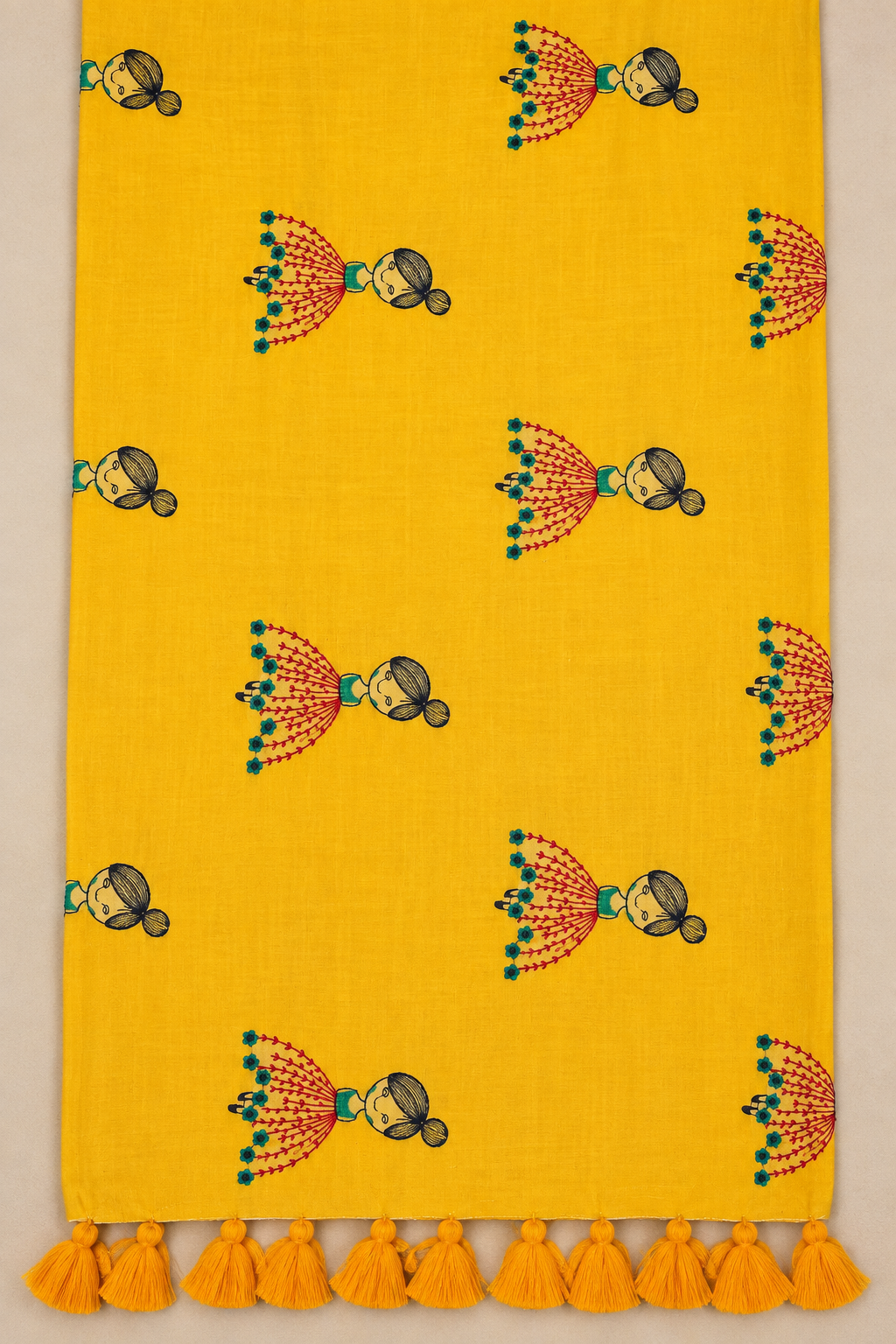 Mustard Yellow Mul Cotton Saree with Floral Doll Motifs