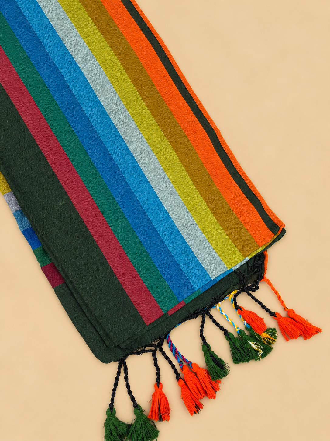 Bottle Green & Multicolour Striped Khadi Cotton Saree